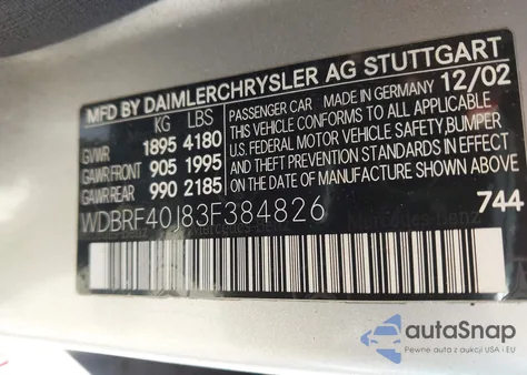 2003 Mercedes-Benz C 230 Kompressor Sport from USA, damaged, VIN WDBRF40J83F384826